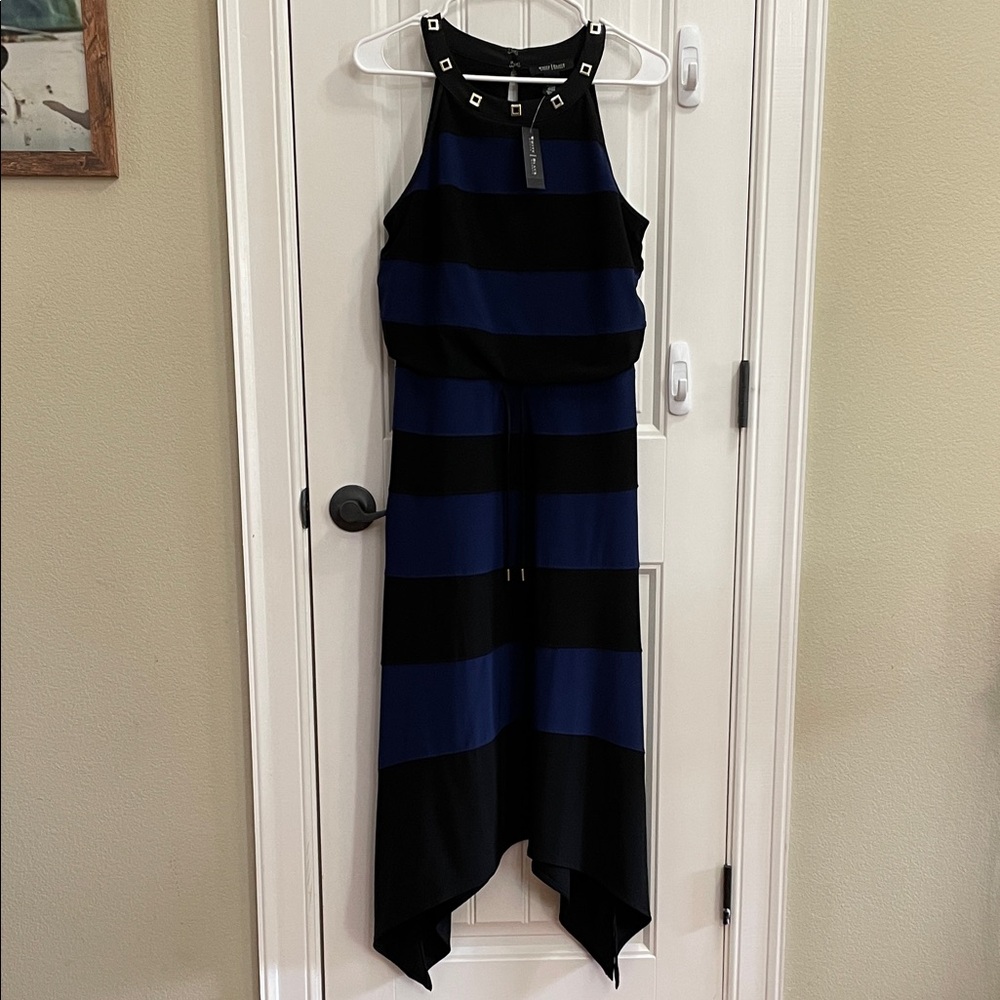 💙WHBM High Neck Sleeveless Midi Dress Navy and Black Stripe Asymmetric Hem Small